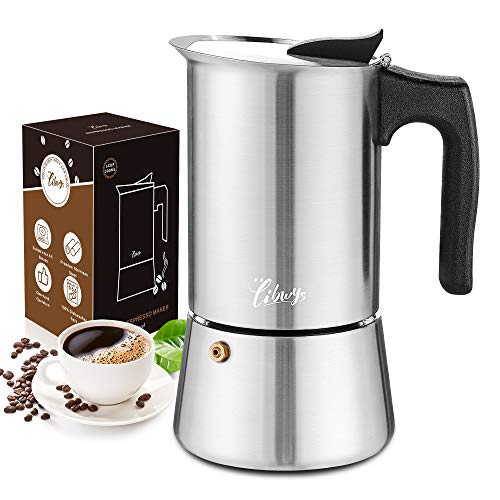 Espressokocher Induktion geeignet Edelstahl Mokkakanne 300ml/ 6 Tassen Espresso Maker Set mit Ersatz-Dichtung Untersetzer Löffel Bürste und Tasche